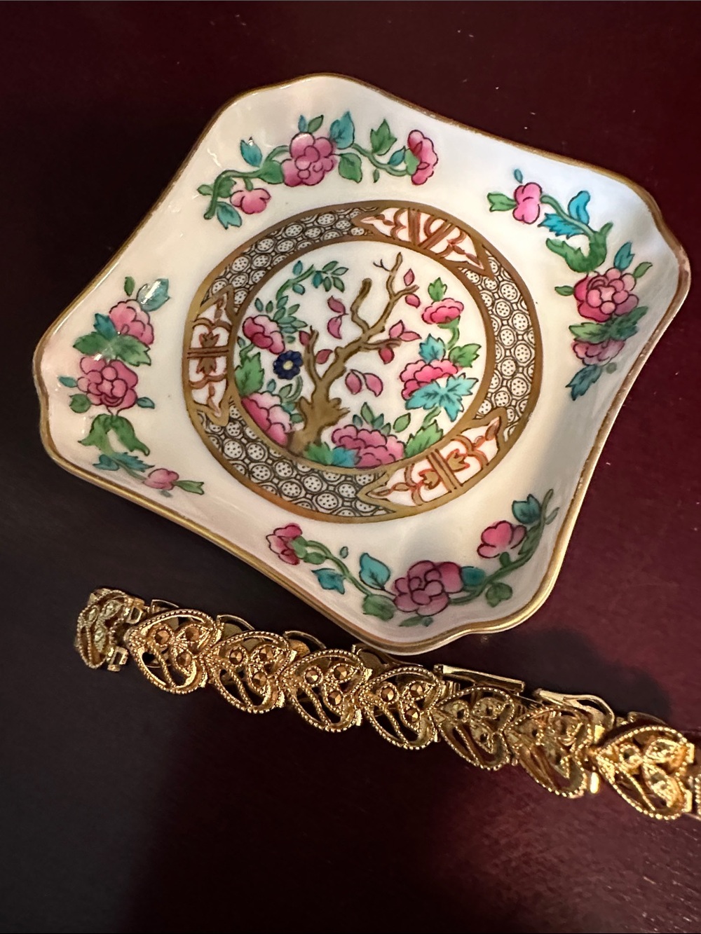 Coalport Bone China Floral Trinket Dish with Gold Tone Bracelet